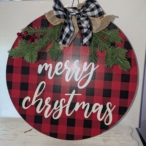 Festive Plaid Farmhouse Merry Christmas Sign with Greenery